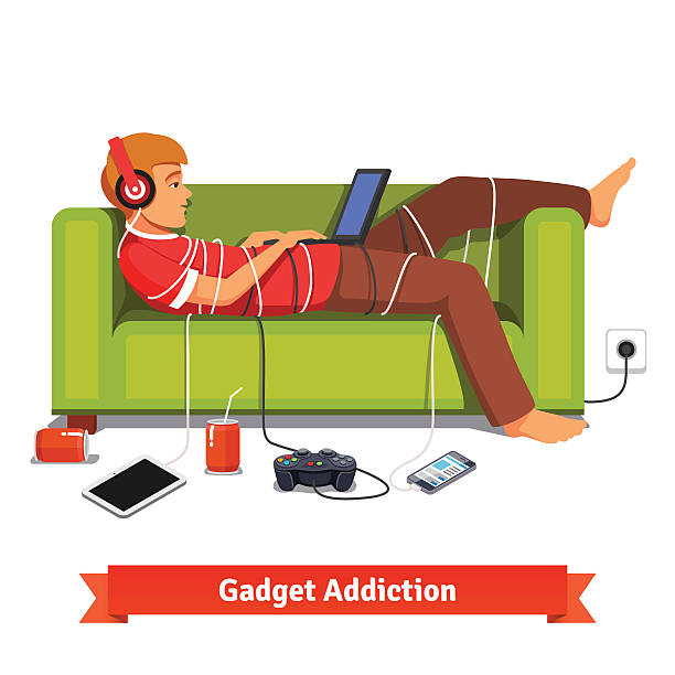 회전식 teen 학생 누워있기, 랩탑형 - video game game controller men lying down stock illustrations