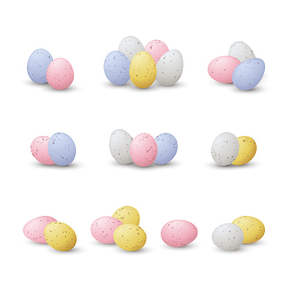 Brightly coloured miniature easter eggs grouped into different piles. The optional shadows are saved on a separate layer allowing you to edit or remove them easily. These versatile little eggs are ideal design elements for your easter design project and as vector illustrations can be scaled to any size without loss of quality.