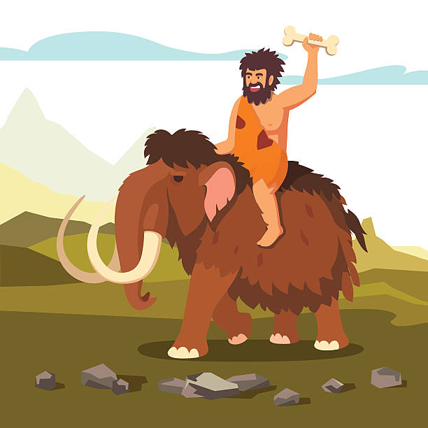ilustraciones, imágenes clip art, dibujos animados e iconos de stock de edad de piedra primitivo hombre montar a caballo mamut - garrote