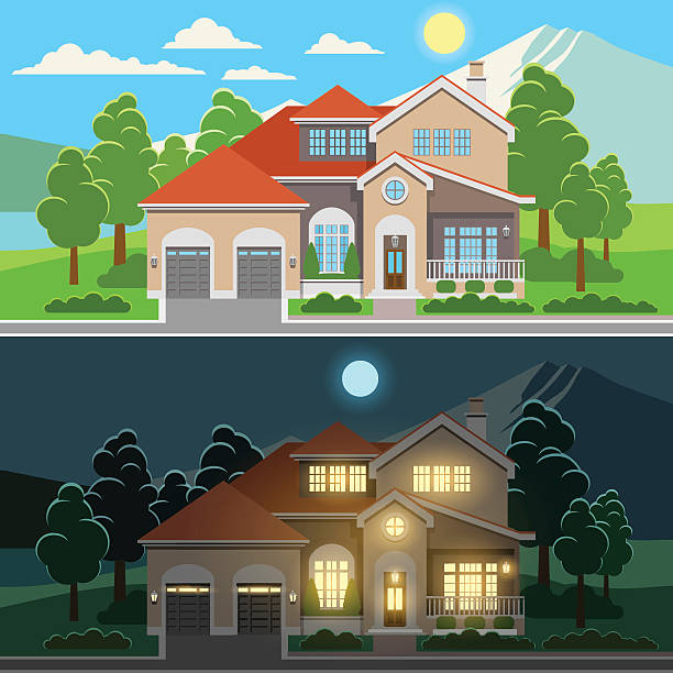 день и ночь дом иллюстрация - residential district backgrounds beauty blue stock illustrations