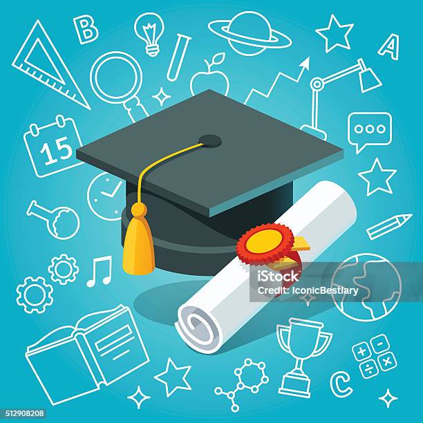 University Student Cap Mortar Board And Diploma Stock Illustration - Download Image Now - Graduation, Isometric Projection, Mortarboard