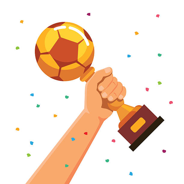 ilustrações de stock, clip art, desenhos animados e ícones de vencedor de equipa segurando o copo troféu de futebol - trophy soccer sport success