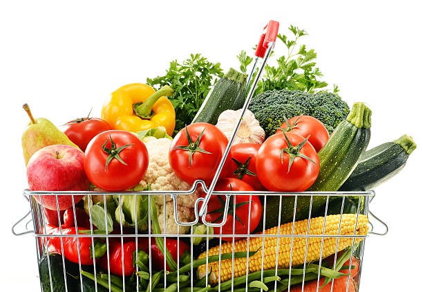 istock Wire shopping basket with groceries isolated on white 512918821