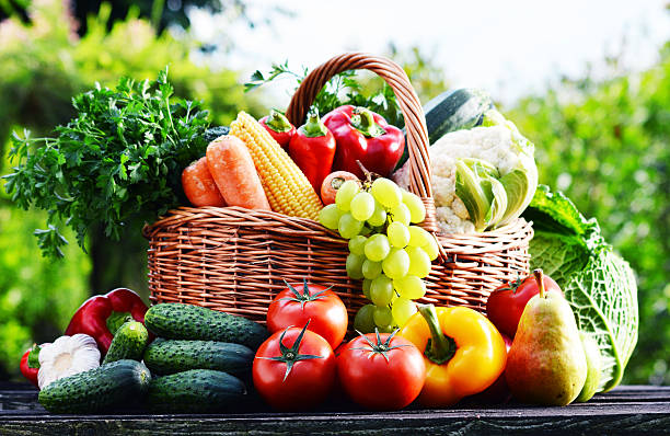 istock Wicker basket with assorted raw organic vegetables in the garden 512918823