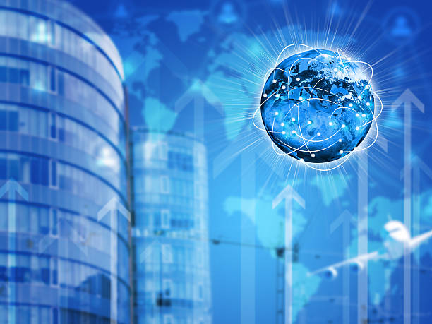 istock Earth with lines. Buildings and world as backdrop 512921009