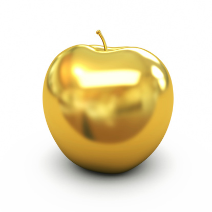 Golden apple 3d render (clipping path and isolated on white)