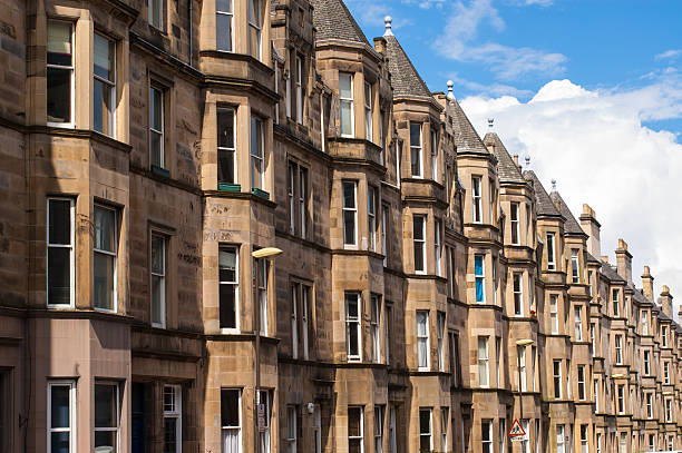View of Victorian tenement housing View of Victorian tenement housing in the West End of Edinburgh, Morningside. edinburgh scotland photos stock pictures, royalty-free photos & images