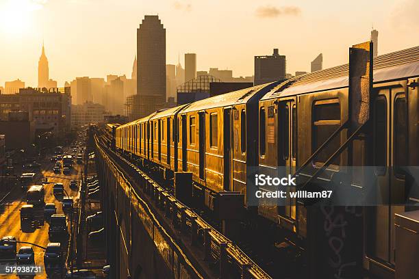 Subway Train In New York At Sunset Stock Photo - Download Image Now - New York City, Train - Vehicle, Subway Train