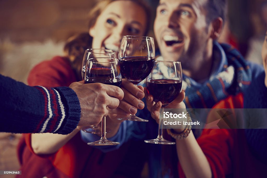 Friends toasting with wine Group of friends wearing warm clothes toasting with red wine. Focus on wine glasses. Winter Stock Photo