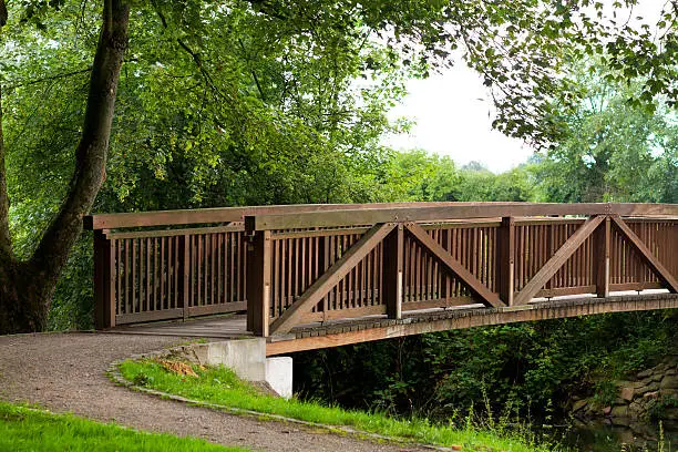 Wooden bridge over river Kermisdahl in Kleve, North Rhine Westfalia