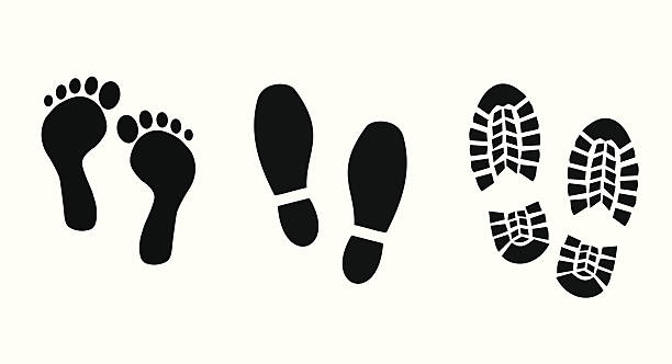 Shoe and bare foot print set Shoe and bare foot print set shoe print stock illustrations