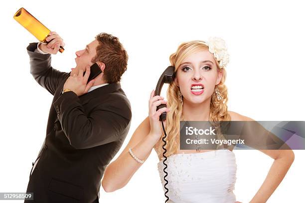 Wedding Angry Bride And Groom Talking On Phone Stock Photo - Download Image Now - Addiction, Adult, Alcohol Abuse