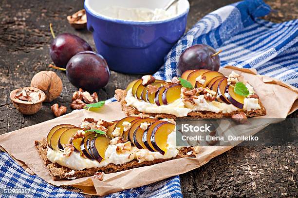 Vegetarian Diet Sandwiches Crispbread Stock Photo - Download Image Now - Bruschetta, Plum, Appetizer