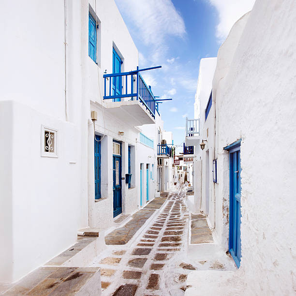 Quaint, colorful street in Mykonos, Greece. Square Crop