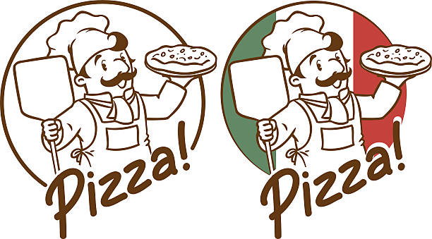 Emblem of funny cook or baker with pizza Emblem of funny cook or chef  or baker with pizza on background colors of the Italian flag. Two monochrome version. Children vector illustration. chef silhouettes stock illustrations