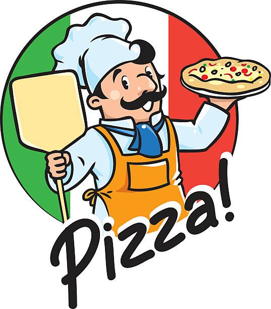ilustrações de stock, clip art, desenhos animados e ícones de emblema de engraçado com pizza cozinhar ou padeiro - chef commercial kitchen cooking silhouette