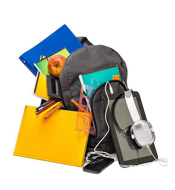 istock School backpack with school supplies and a tablet with headphone 512966029