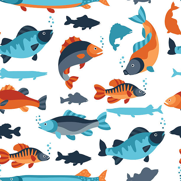 Seamless pattern with various fish. Background made without clipping mask Seamless pattern with various fish. Background made without clipping mask. Easy to use for backdrop, textile, wrapping paper. crappie stock illustrations