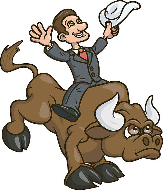 geschäftsmann ist auf bull 2 - rodeo bull bull riding cowboy stock-grafiken, -clipart, -cartoons und -symbole