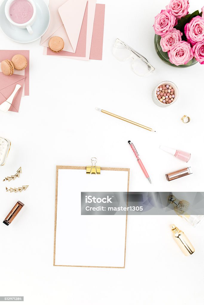 Still life of fashion woman, objects on white Still life of fashion woman,  top view of fashion woman objects on white. Concept of female mockup Beauty Stock Photo