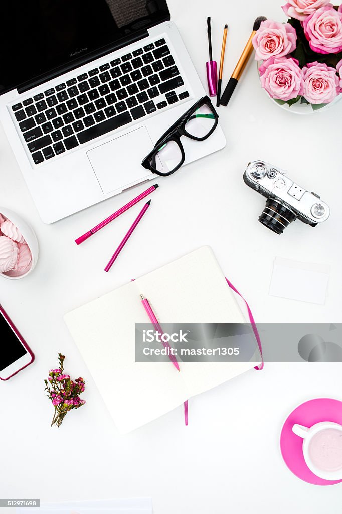 Still life of fashion woman, objects on white Still life of fashion woman,  top view of fashion woman objects on white. Concept of female mockup Desk Stock Photo