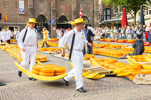 he famous Alkmaar Cheese Market in Netherlands Alkmaar, The Netherlands - September 7 2012: Carriers walking with cheese at a famous Dutch cheese market. cheese market stock pictures, royalty-free photos & images