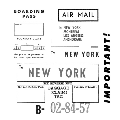 1960s vintage printed travel related typography and stamps from tickets and boarding cards, including the words: New York, Montreal, Los Angeles, Anchorage, Boarding Pass, Air Mail, Economy Class, Important!, To, Baggage etc. The stamps are isolated on white and ready to use.