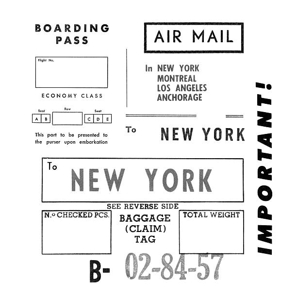 Vintage 1960s printed air travel related typography on white 1960s vintage printed travel related typography and stamps from tickets and boarding cards, including the words: New York, Montreal, Los Angeles, Anchorage, Boarding Pass, Air Mail, Economy Class, Important!, To, Baggage etc. The stamps are isolated on white and ready to use. old luggage tag stock pictures, royalty-free photos & images