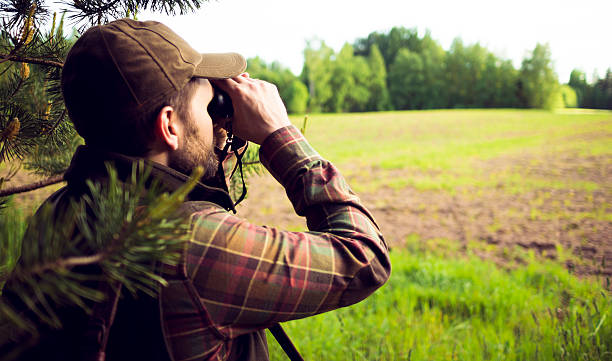 Hunter Looking Over The Field Through Binoculars A mid aged bearded man with a cap and checkered shirt is holding field glasses in his hands and looking over them to the green field surrounded with forest. It looks like summer, somewhere in the countryside. The man is standing on the edge of the forest. Image is in letterbox format. Copy space available. hunting stock pictures, royalty-free photos & images