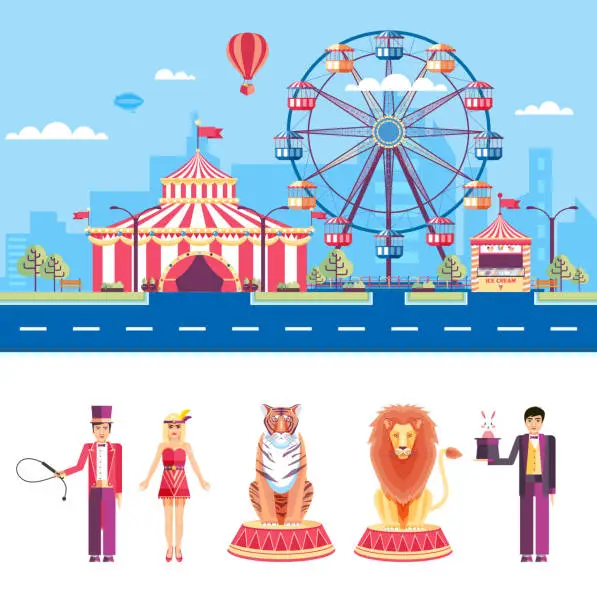 Vector illustration of Circus with animal trainers and magician