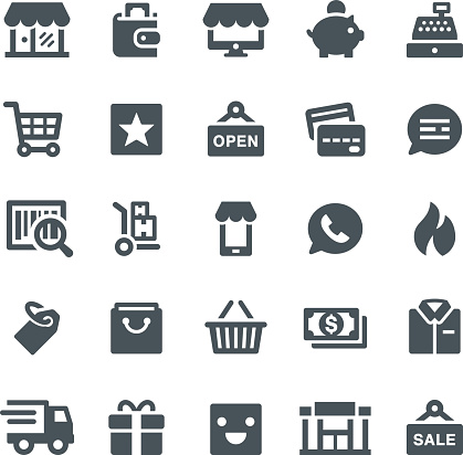 Shopping, retail, shop, e-commerce, icons, shopping bag, store, icon, wallet, cash register