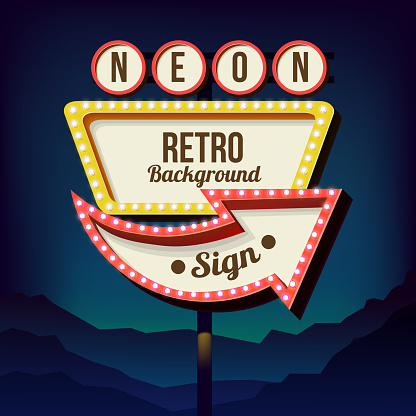 Vintage signboard with lights. Roadside sign. Road red and yellow sign from the 50s. Retro billboard with lamps. Black background with a blank frame 3D. Shield against night mountain. Vector 