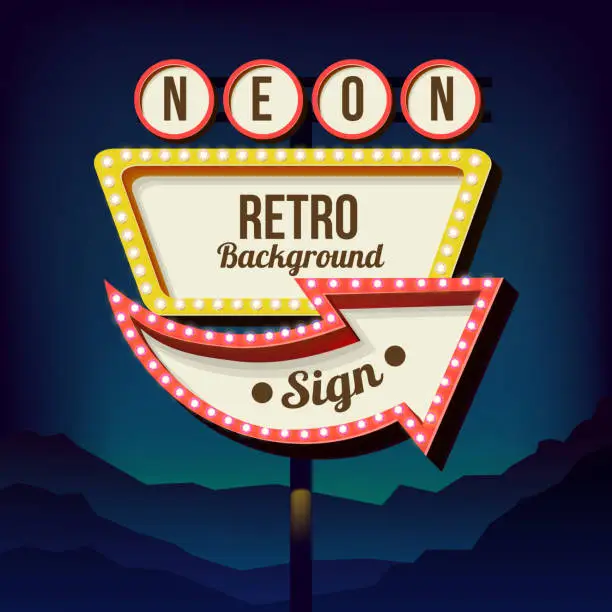 Vector illustration of Vintage advertising road billboard with lights. Retro 3d sign