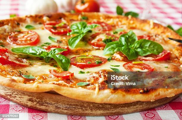 Italian Pizza Margherita Stock Photo - Download Image Now - Baked, Basil, Checked Pattern