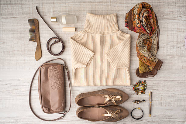 Fashion look set in beige colors top view stock photo