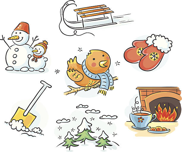 ilustraciones, imágenes clip art, dibujos animados e iconos de stock de conjunto de invierno - tobogganing vector winter snow