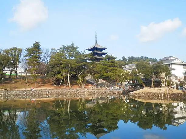 Sarusawa Pond with the five-storied pagoda of the Kofuku-ji Temple in Nara, Japan