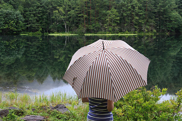 The woman who looks at a beautiful lake.A floating island is beautiful.