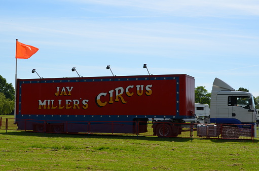 Lindfield, United Kingdom - May 19th, 2014: Articulated truck and trailer of Jay Millers a small family run traditional travelling circus. 