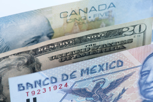 North America Free Trade Agreement (NAFTA) country members, Canada, USA, and Mexico paper currencies.