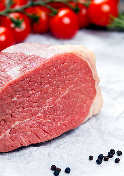 istock pieces of fresh meat, beef slab, decorated with vegetables 512985998