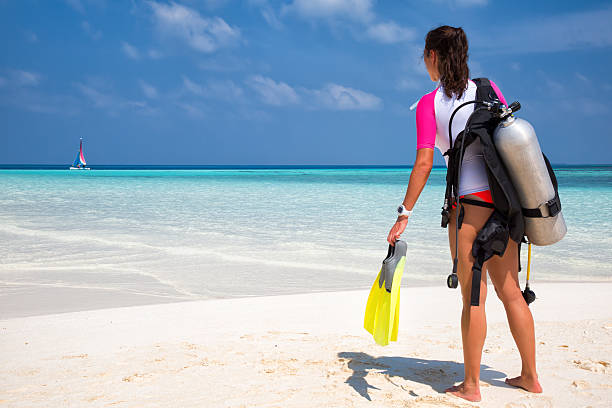 istock Woman in scuba diving gear on a beach 512986636