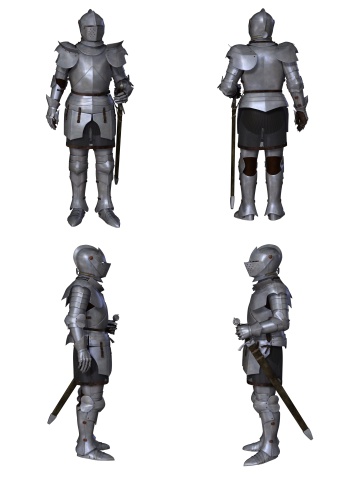 Illustration of a Medieval knight wearing 15th century Milanese armour, set of four character views, 3d digitally rendered illustration.