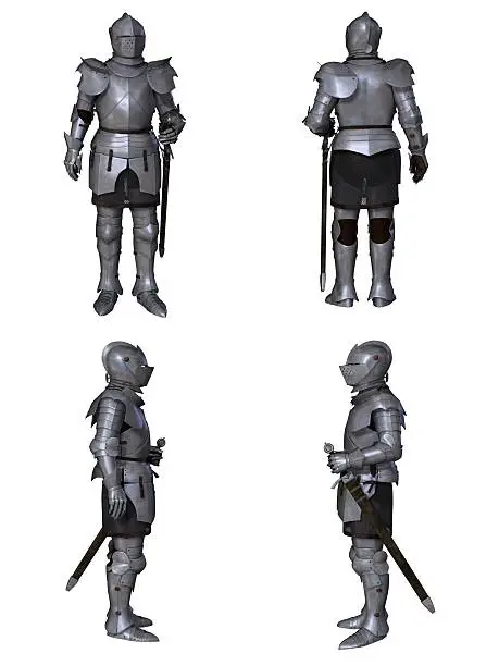 Illustration of a Medieval knight wearing 15th century Milanese armour, set of four character views, 3d digitally rendered illustration.