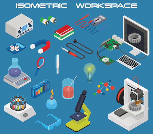 illustrations, cliparts, dessins animés et icônes de isométrique avec un design 3d concept de science, les appareils électroniques et d'équipement de chimie - battery light tube concepts