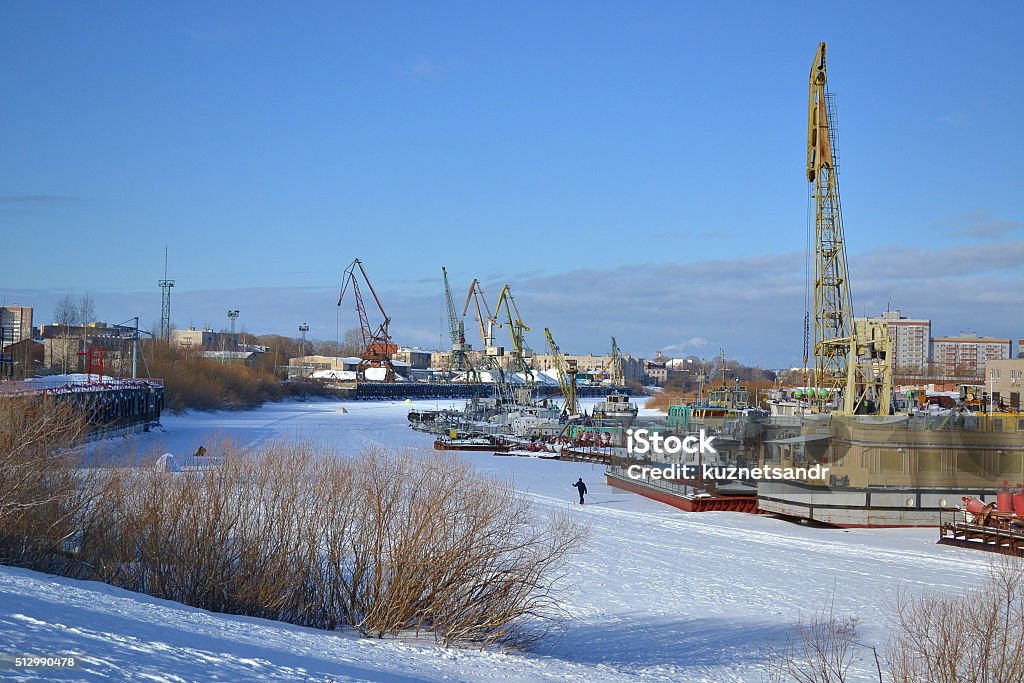 In winter on the river In winter, the river in Russia. Vologda City. Adult Stock Photo