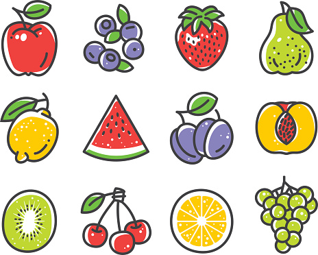 Fruits and Berries vector icons. Files included: Vector EPS 10, JPEG 4000 x 3000 px, transparent PNG, AI 17