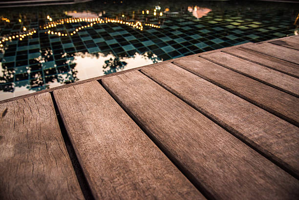 istock wooden pool terrace in evening time 512992258