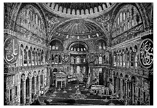 Antique illustration of view of Hagia Sophia, inside (Istanbul, Turkey), a former Christian church, then mosque, as it was during the 19th century (now it's a museum), It was built from 6th century to 15th century and it's a masterpiece of Byzantine architecture.The drawing features part of the monumental dome, the semi-domes, the main nave, colonnaded galleries, the vaulting, the decorations (mosaics), the pulpit, The apse, the mihrab (altar), the gigantic circular-framed disks or medallions hung on columns (with Arabic inscriptions). 