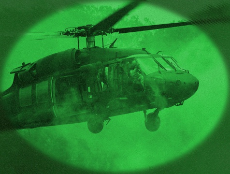 A Sikorsky UH-60 Black Hawk viewed through night vision.